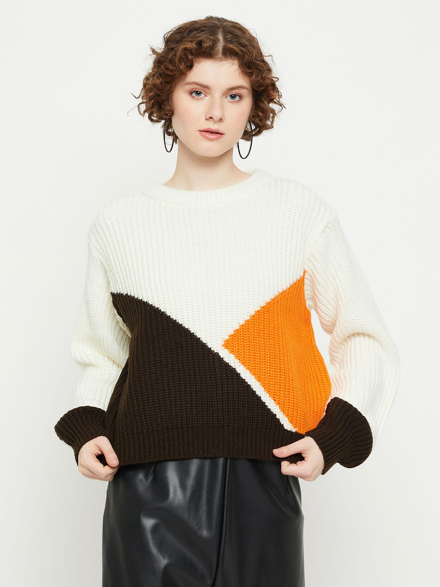 women round neck full sleeves colourblocked sweater