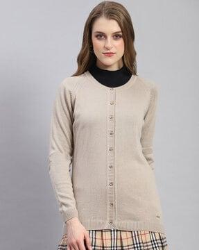 women round-neck cardigan with ribbed sleeves