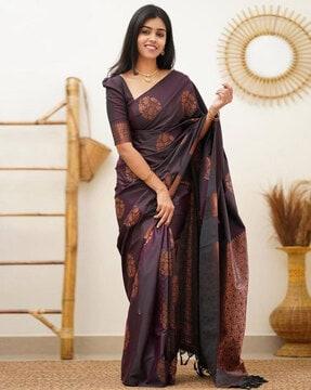 women saree with floral woven motifs & contrast border
