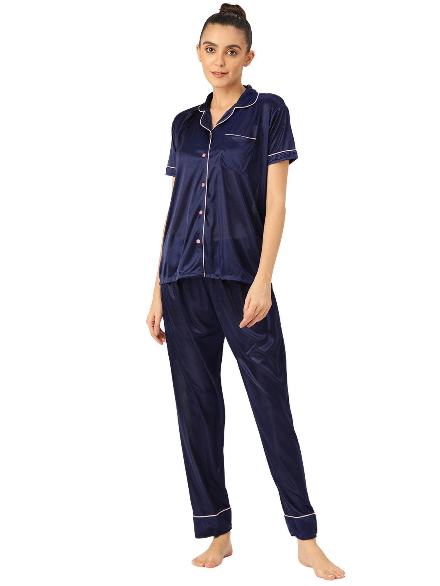 women satin nightwear sleepwear shirt & pyjama set, kl017 - navy blue