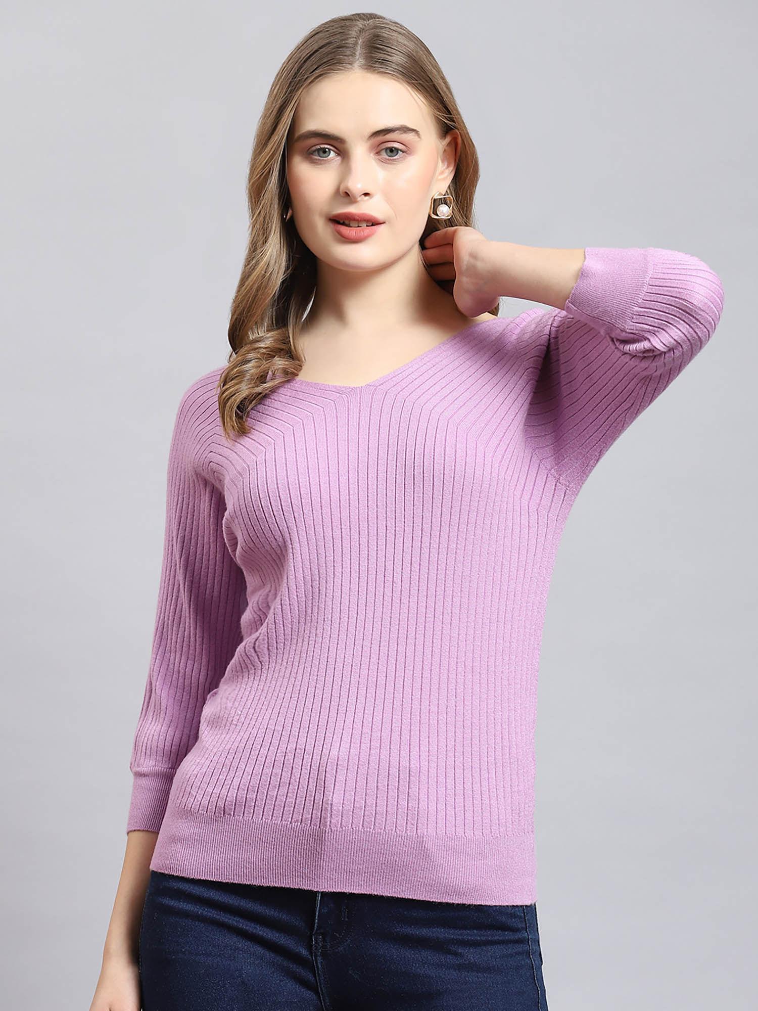 women self design three fourth sleeves v-neck lavender sweater