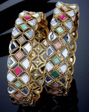 women set of 2 gold-plated stone-studded bangles