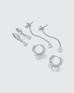 women set of 3 silver-plated crystal-studded hoop earrings