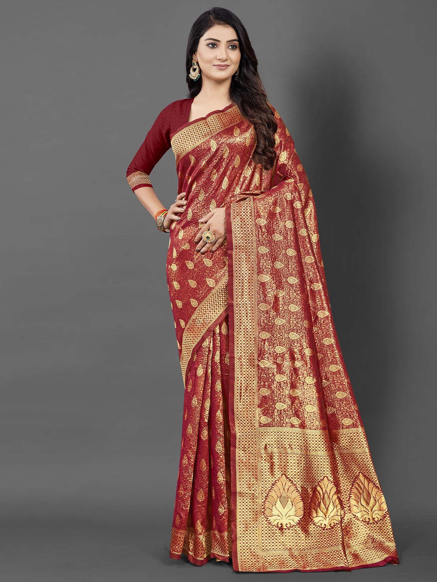 women silk blend maroon celebrity saree with unstitched blouse