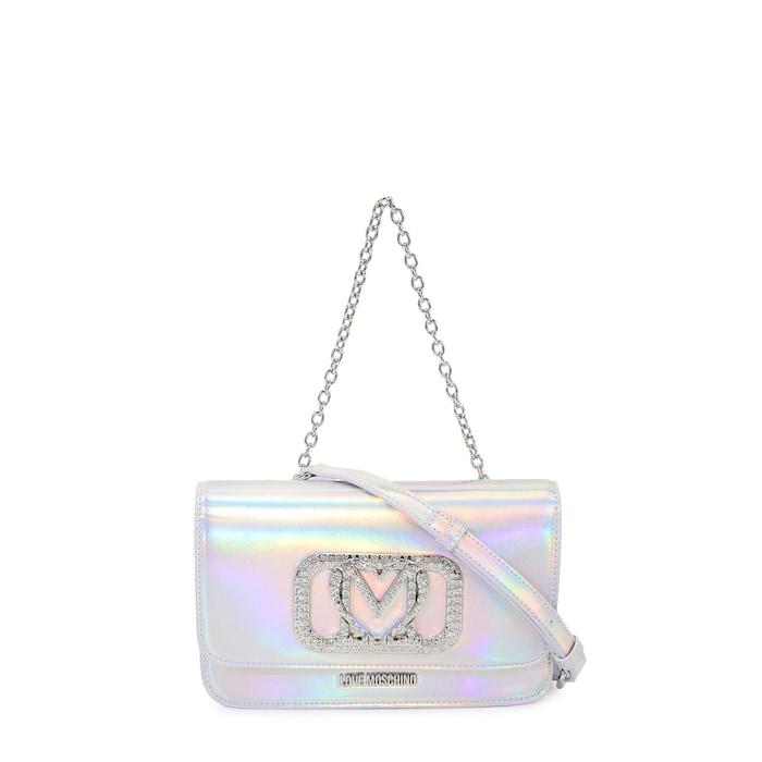 women silver iridescent flap crossbody bag with chain handle