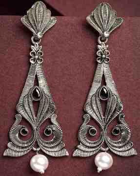 women silver-plated stone-studded drop earrings