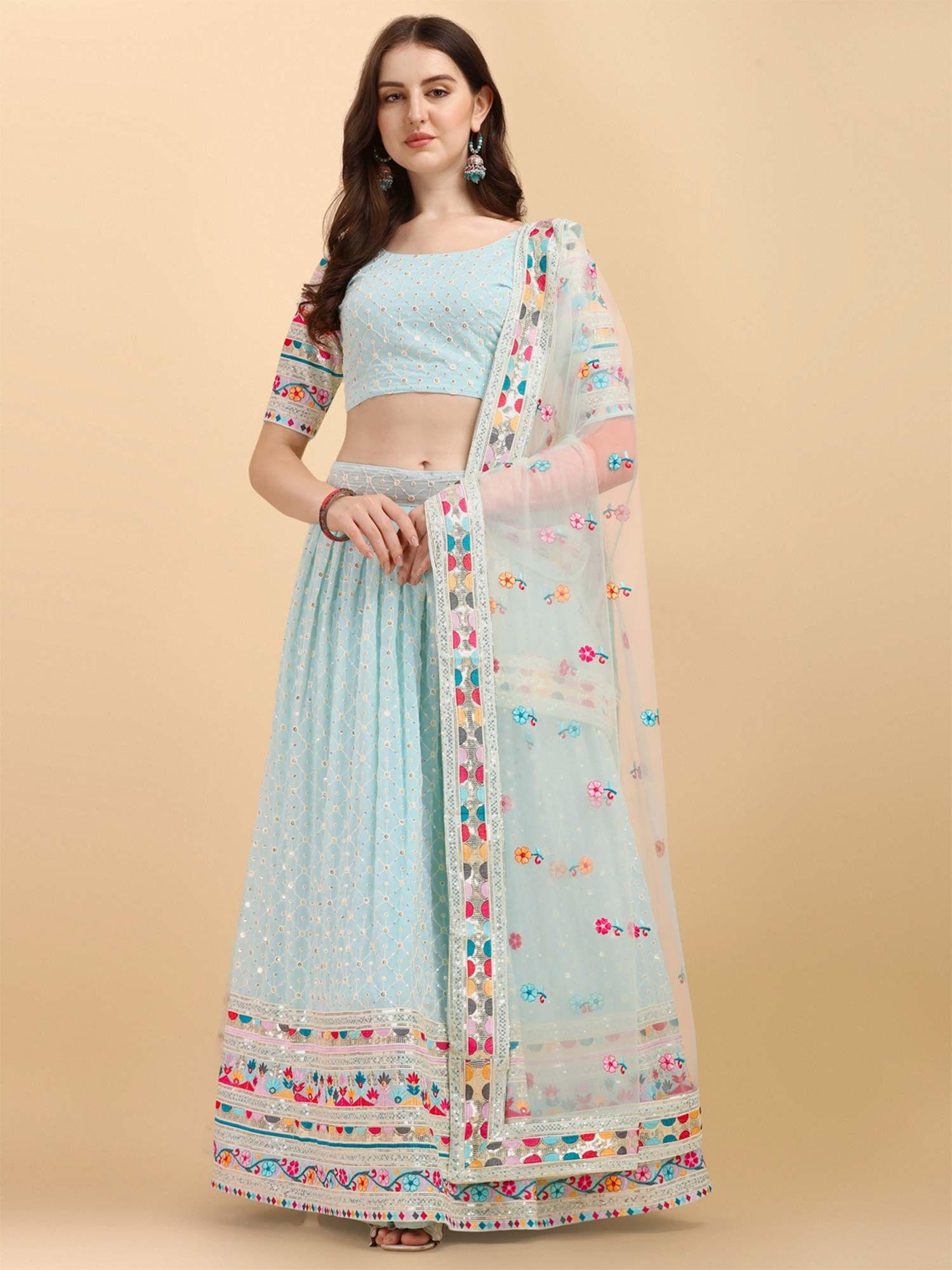women sky blue georgette thread embroidered work lehenga choli (set of 3)