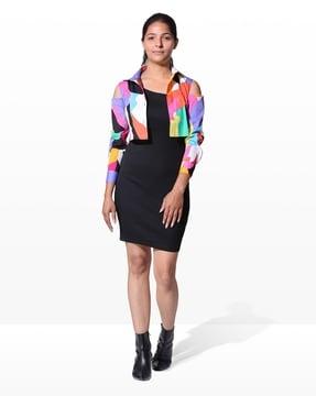 women slim fit bodycon dress with abstract print jacket
