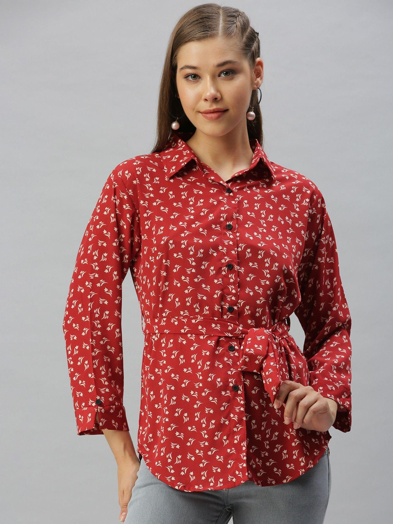 women slim fit regular sleeves red floral shirt