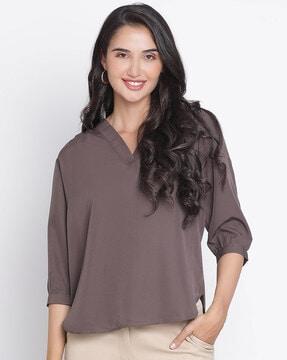 women slim fit v-neck top with cuffed sleeves