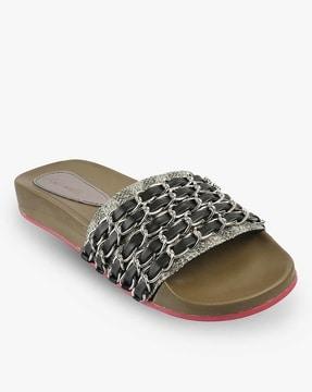 women slip-on slides with chain accent