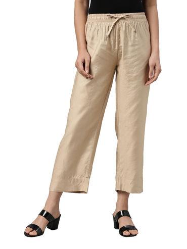 women solid beige straight fit silk pant