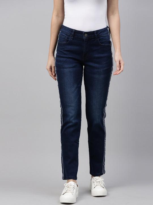 women solid blue side stripes mid rise straight jeans