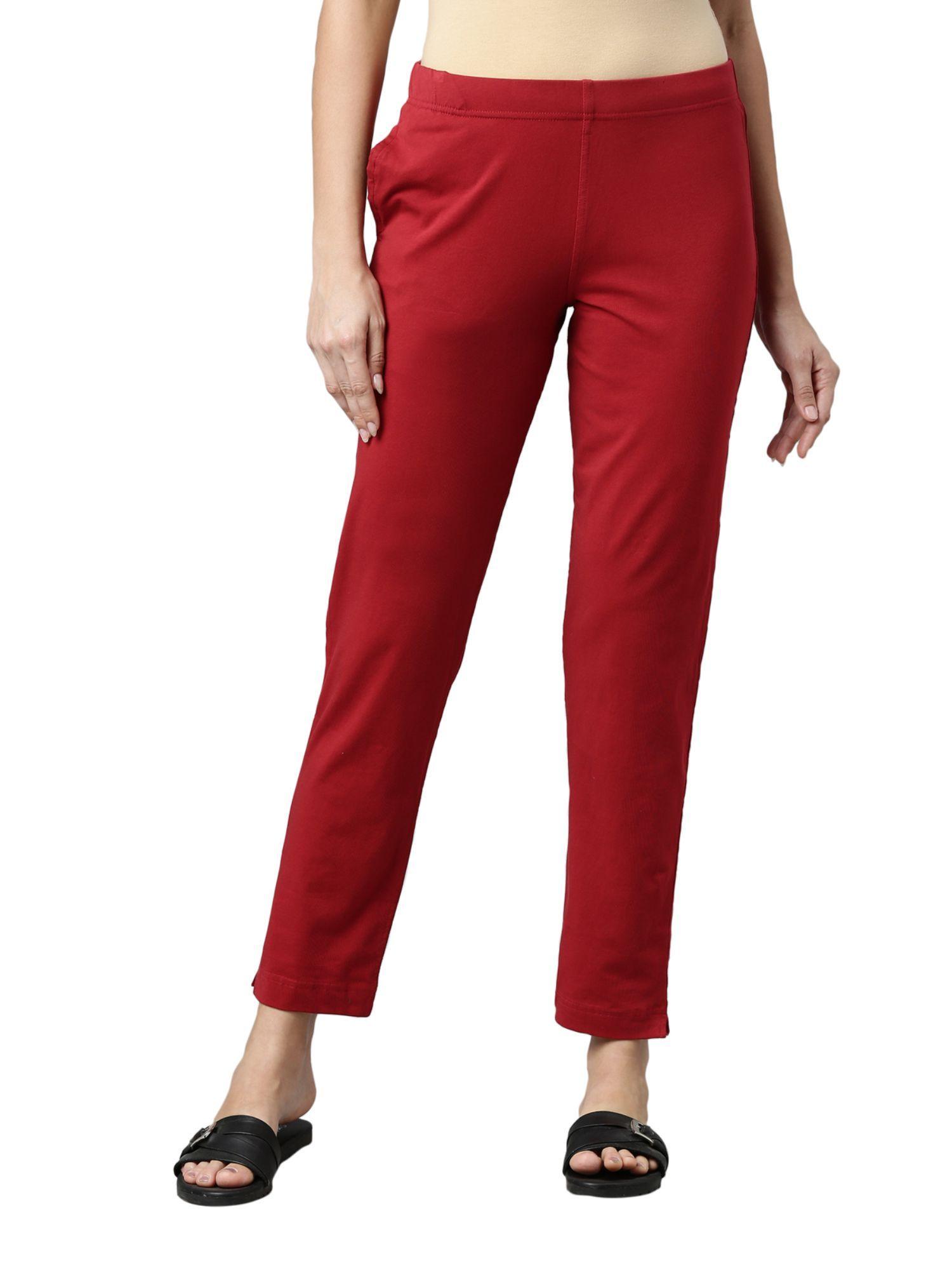 women solid cherry cotton kurti pants