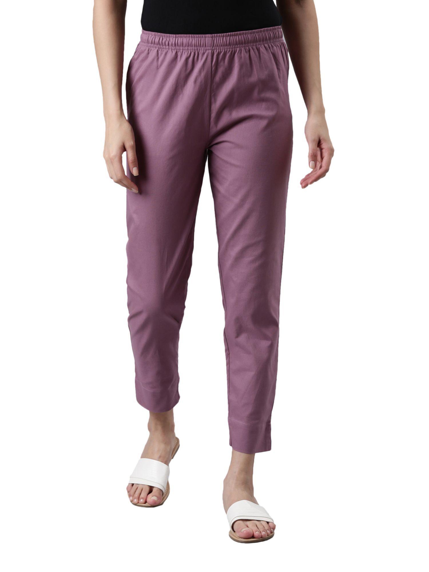 women solid lilac cotton pencil pant