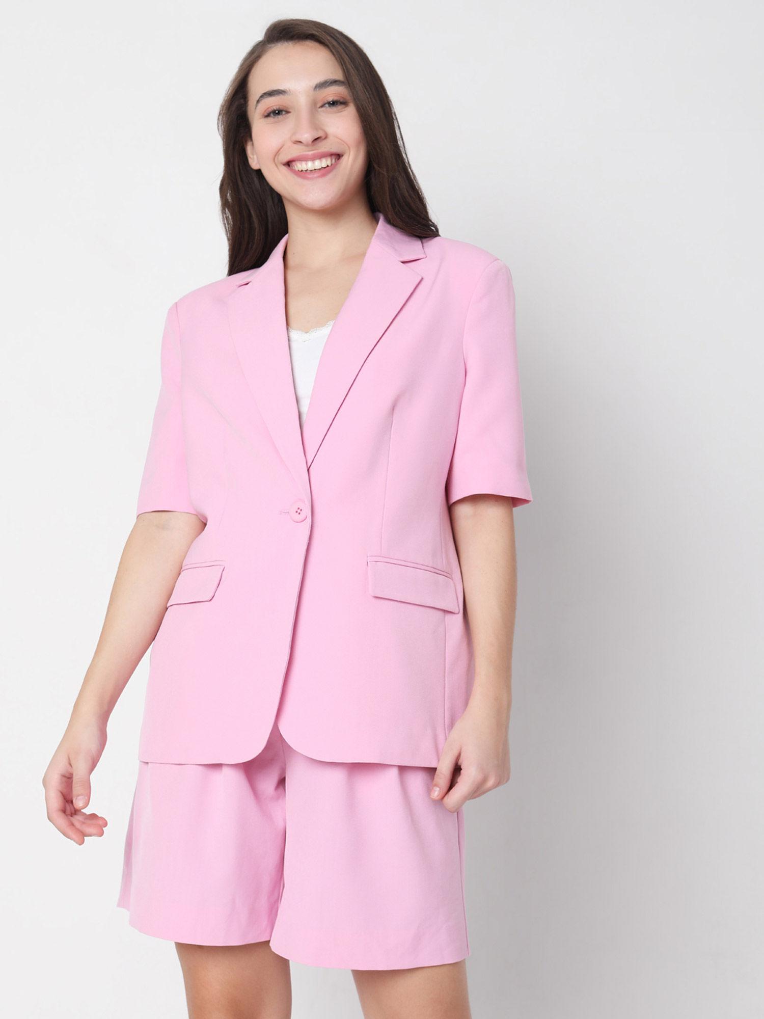 women solid pink casual blazer