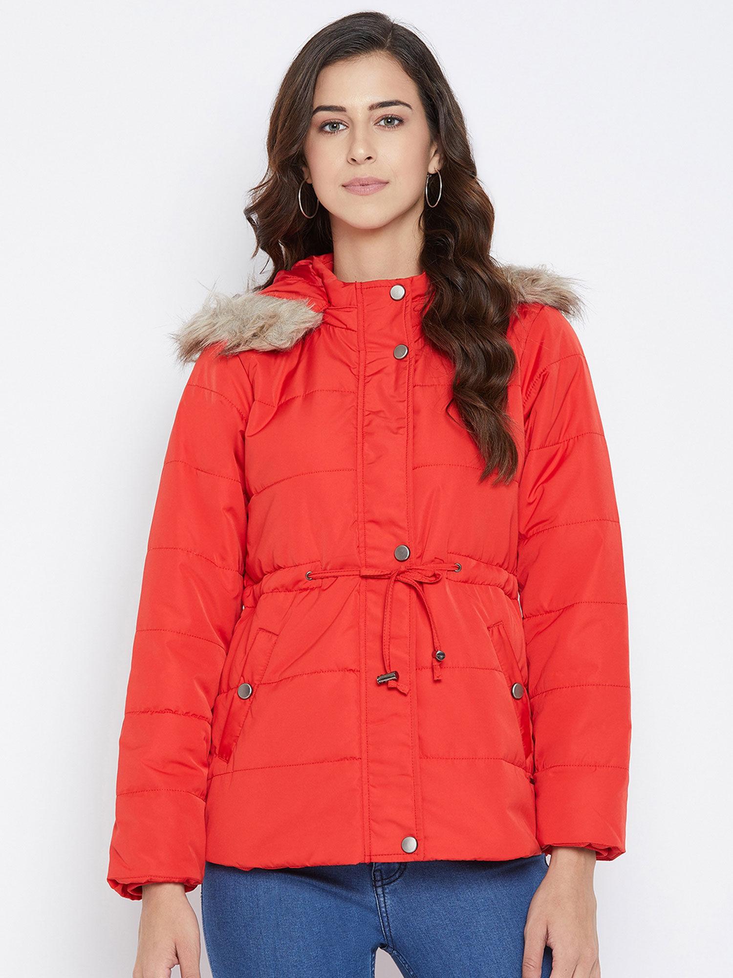 women solid red jacket