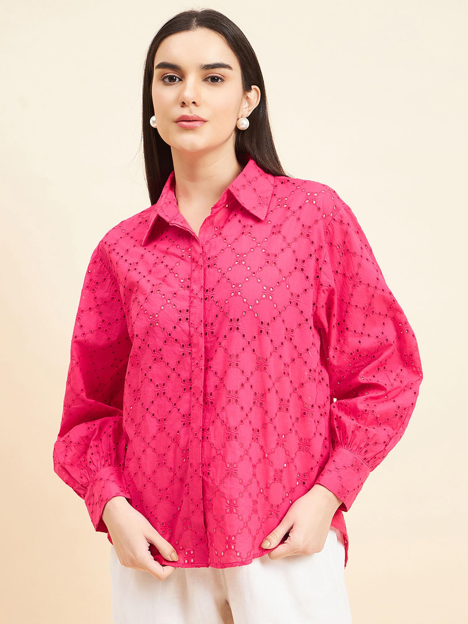 women solid schiffli cotton hot pink shirt
