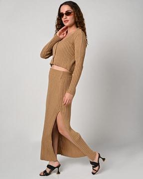 women solid slim fit skirt-suit set