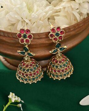 women stone-studded jhumka earrings