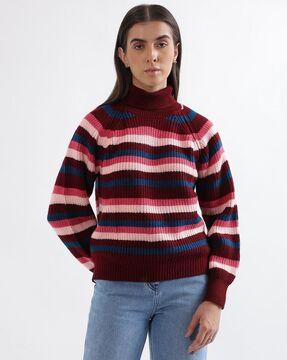 women striped high-neck pullover