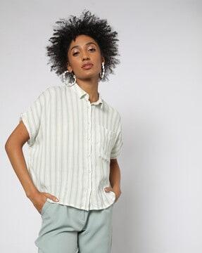 women striped shirt with patch pocket