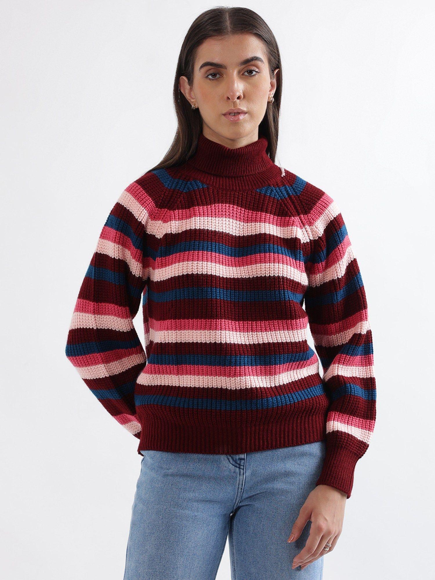 women striped turtle neck pullover sweater