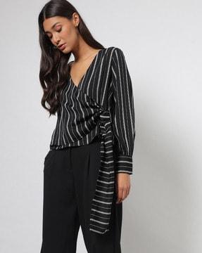 women striped wrap top with tie-up