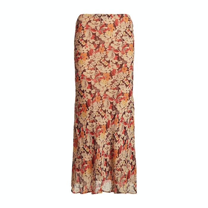 women tan floral crinkled georgette maxi skirt