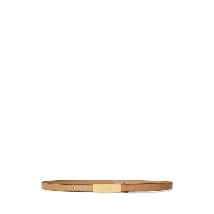 women tan logo leather skinny belt