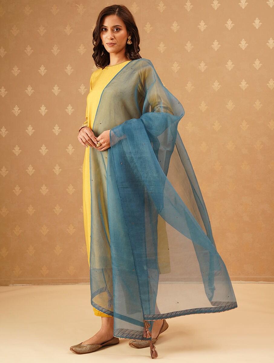 women teal blue cotton silk collection dupatta