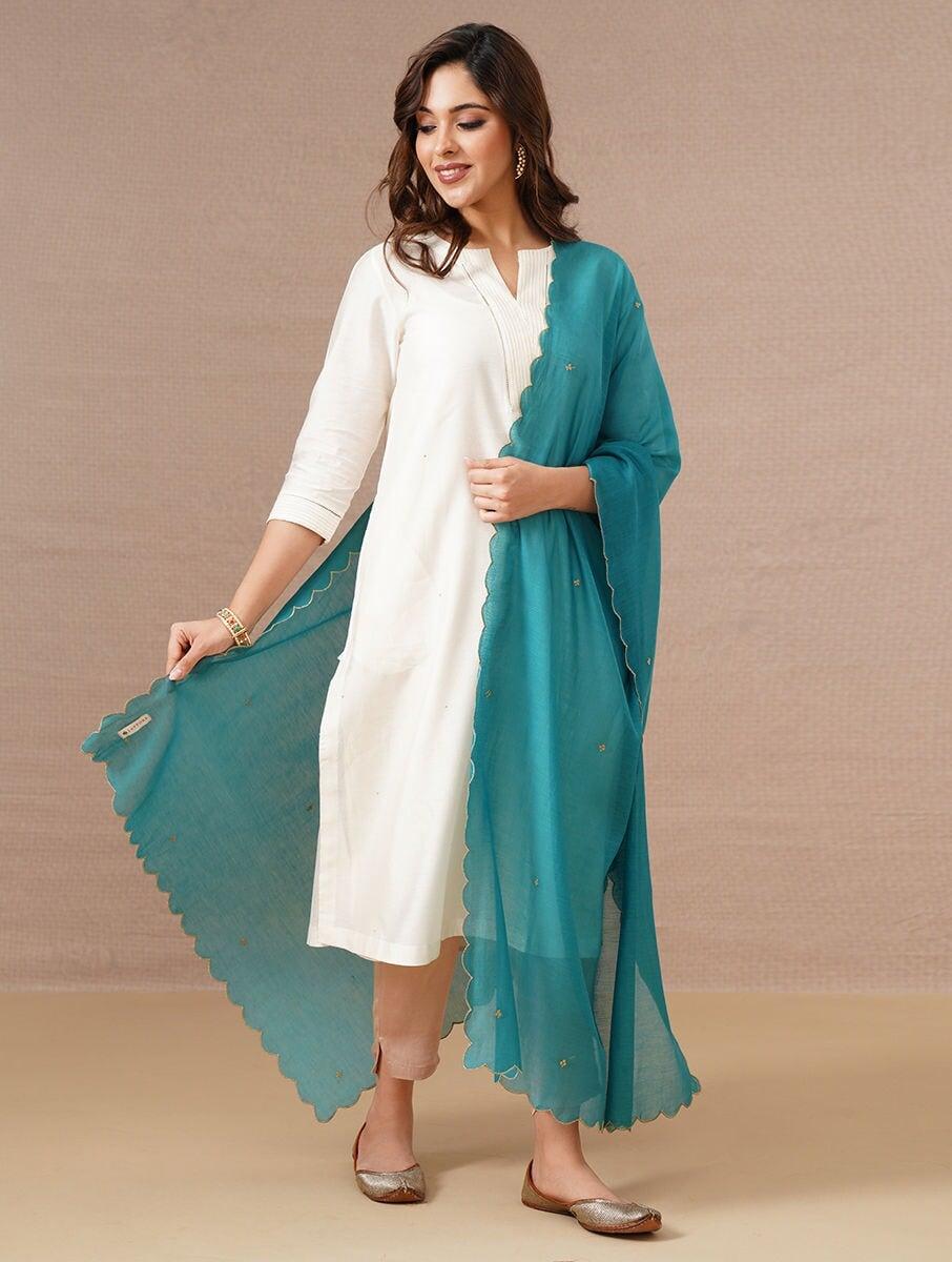 women teal blue cotton silk embroidered collection dupatta