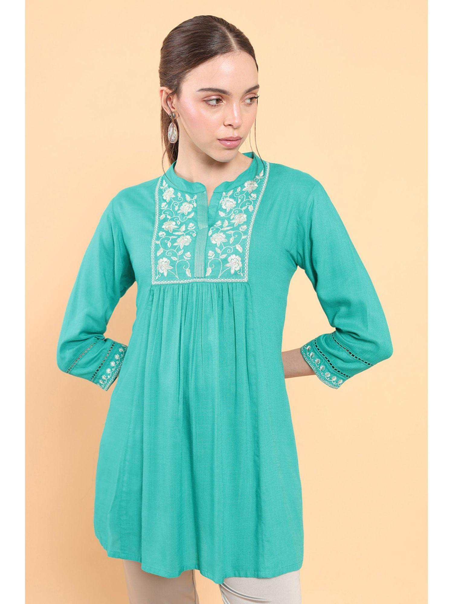 women teal rayon embroidered tunic