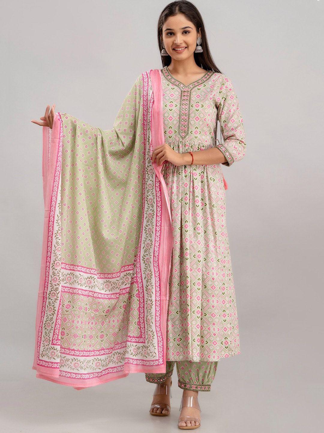 women touch ethnic motif printed pure cotton a-line kurta & trousers with dupatta