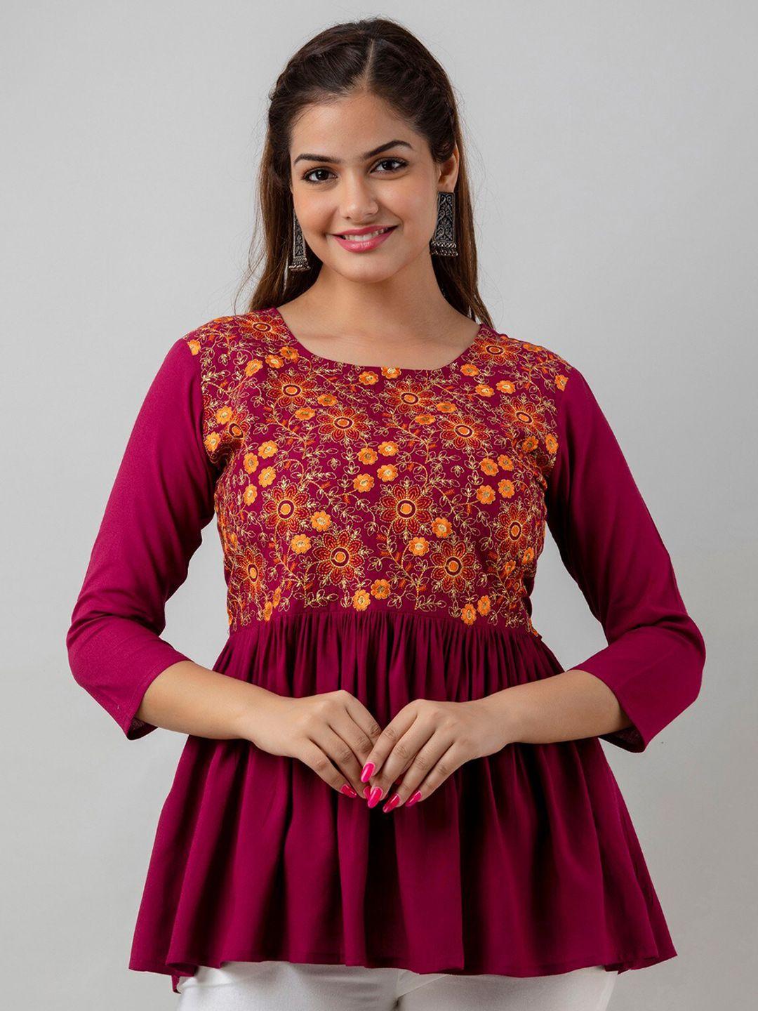 women touch floral embroidered round neck top