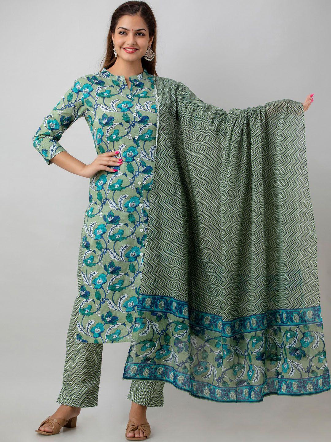 women touch floral printed regular pure cotton kurta with trousers & dupatta