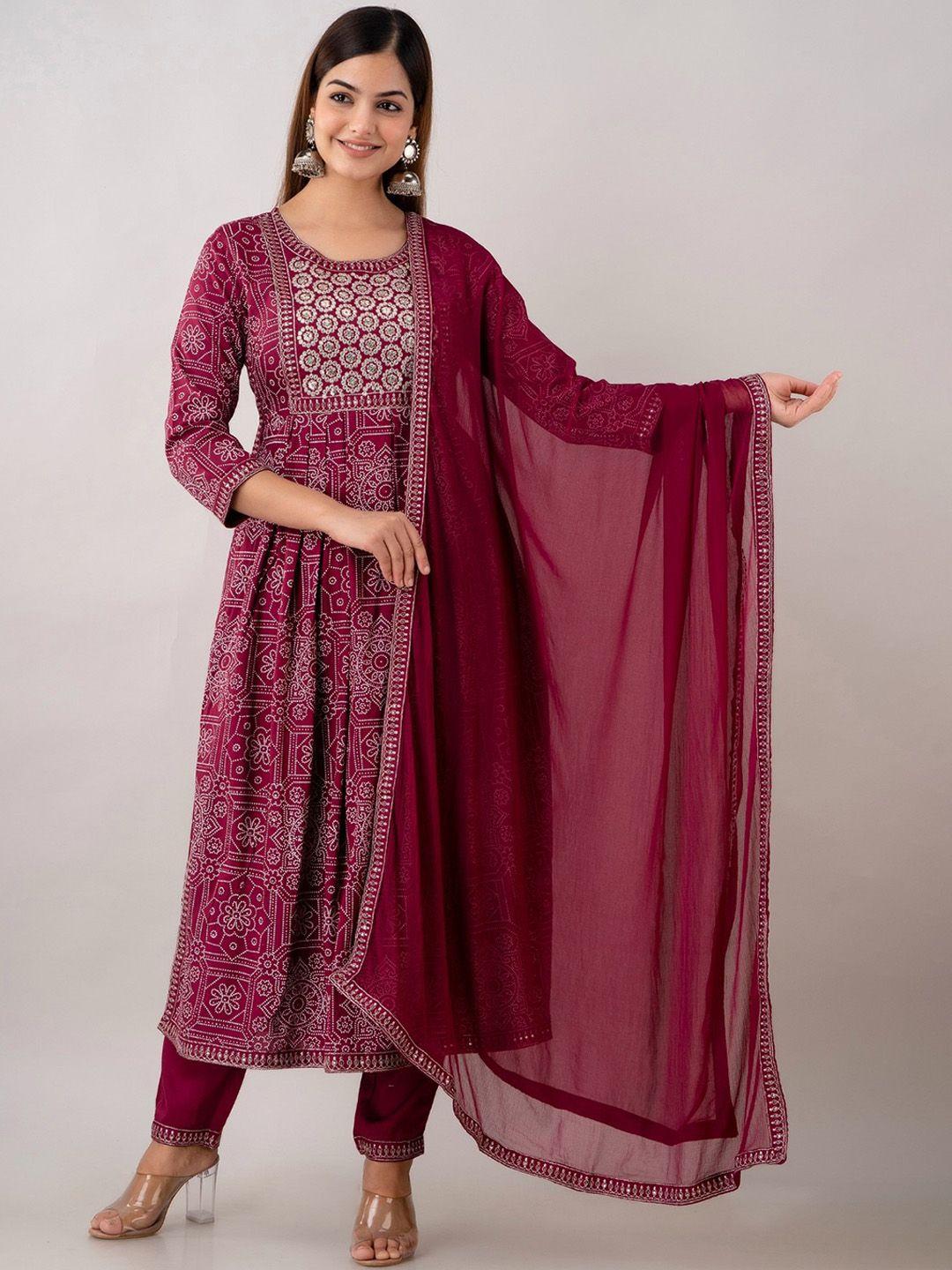 women touch floral printed regular sequinned kurta with trousers & dupatta