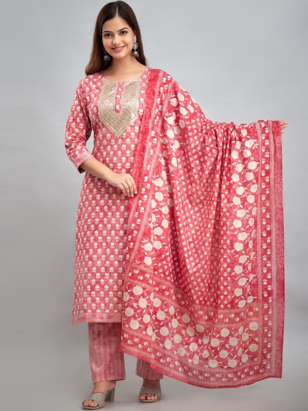 women touch floral printed thread work pure cotton kurta with trousers & dupatta
