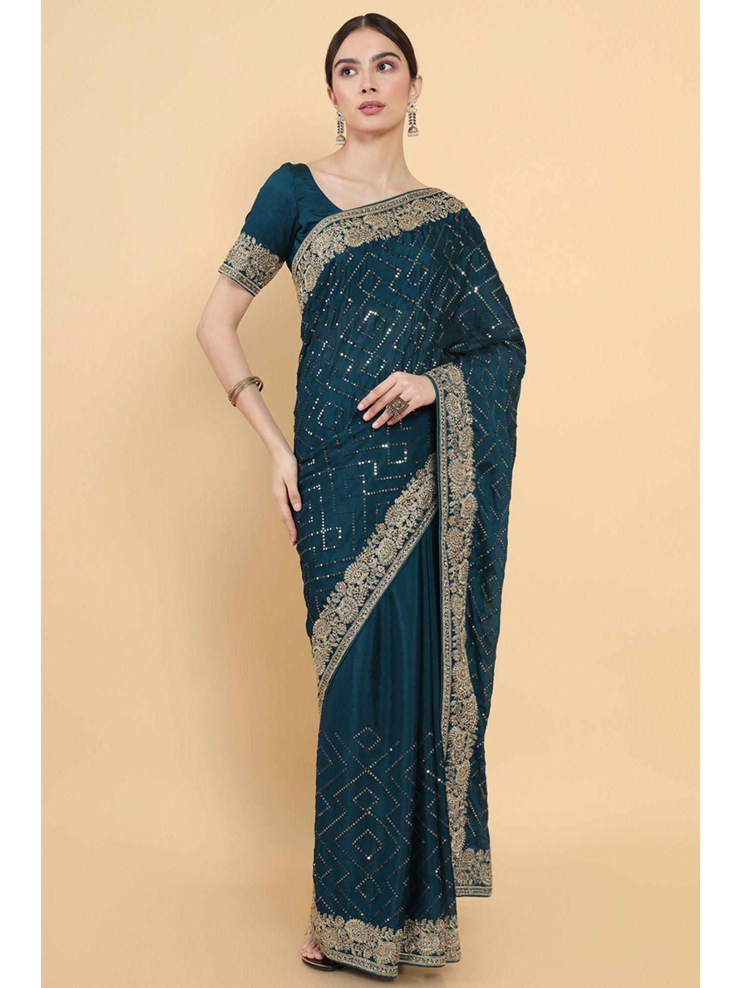 women turquoise chiffon embellished saree with unstitched blouse