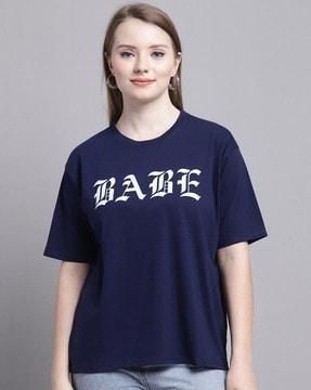 women typographic print loose fit crew-neck t-shirt