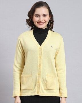 women v-neck cardigan with patch pockets