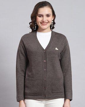 women v-neck cardigan with patch pockets