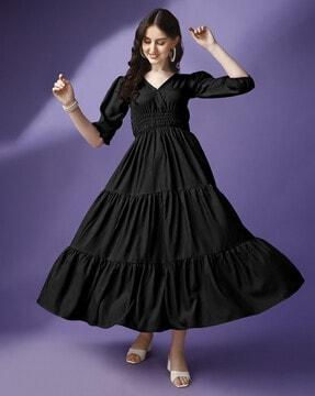 women v-neck tiered dress with smocked waist