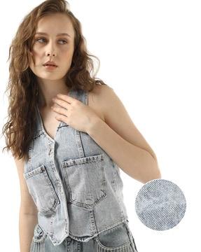 women washed fitted denim top