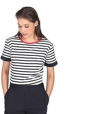 women white and navy round neck contrast panel striped top