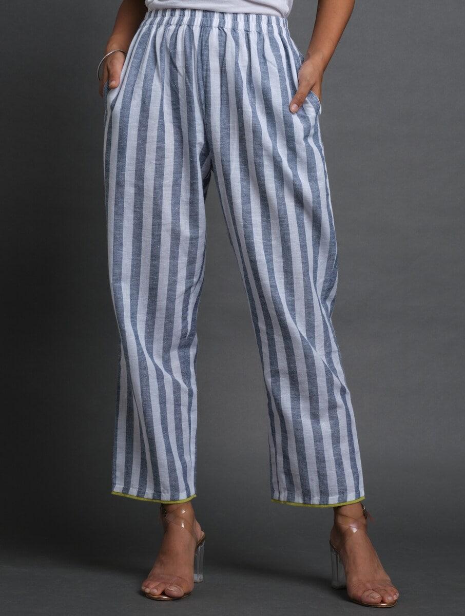 women white cotton striped regular loose fit pants