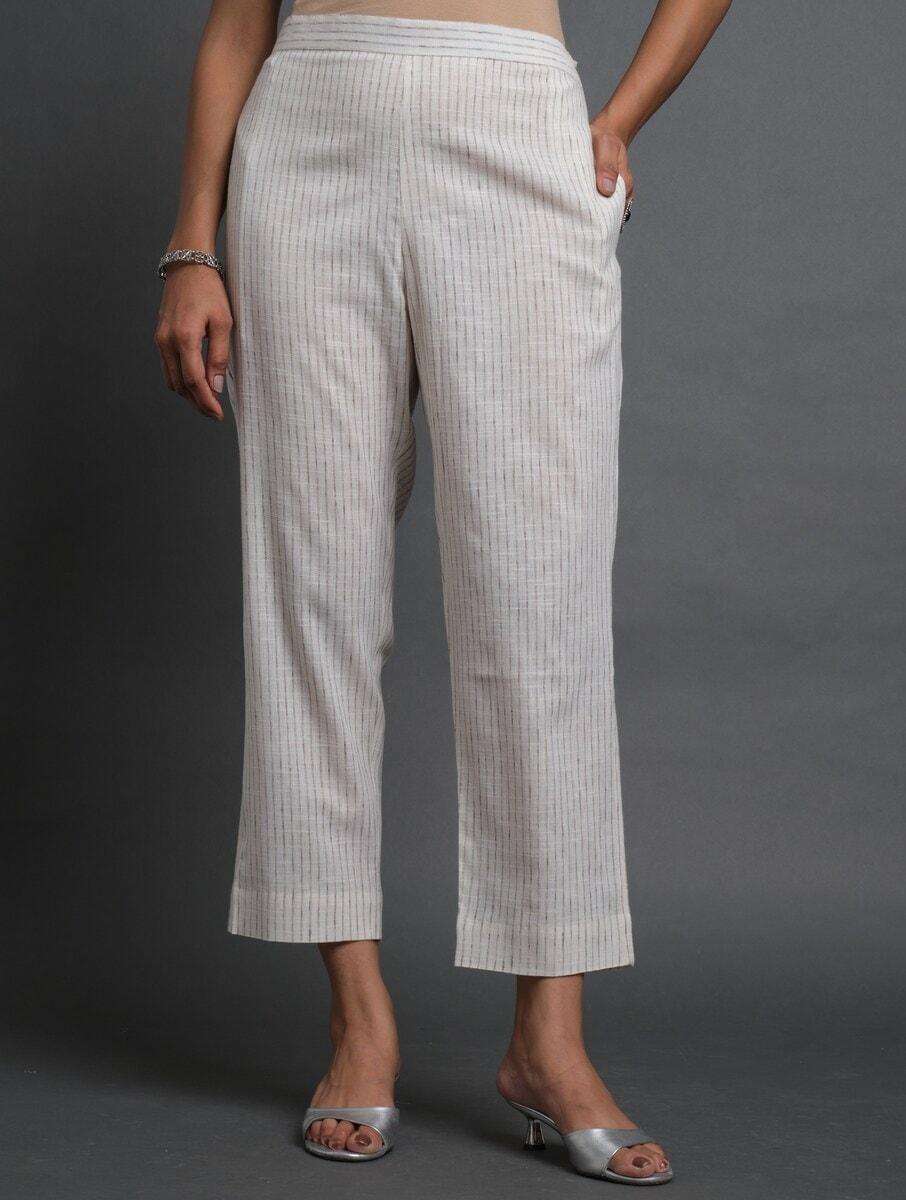 women white cotton striped regular slim fit pants
