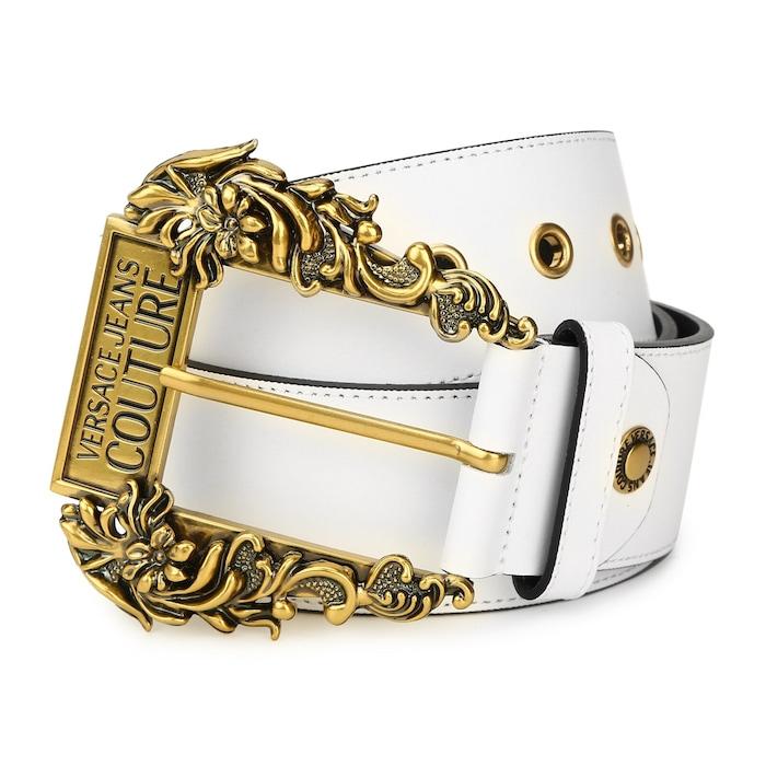 women white solid leather belt with gold buckle