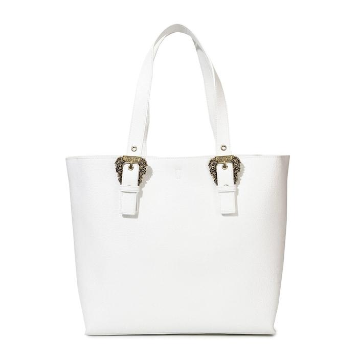 women white solid pu tote bag with buckles on handles