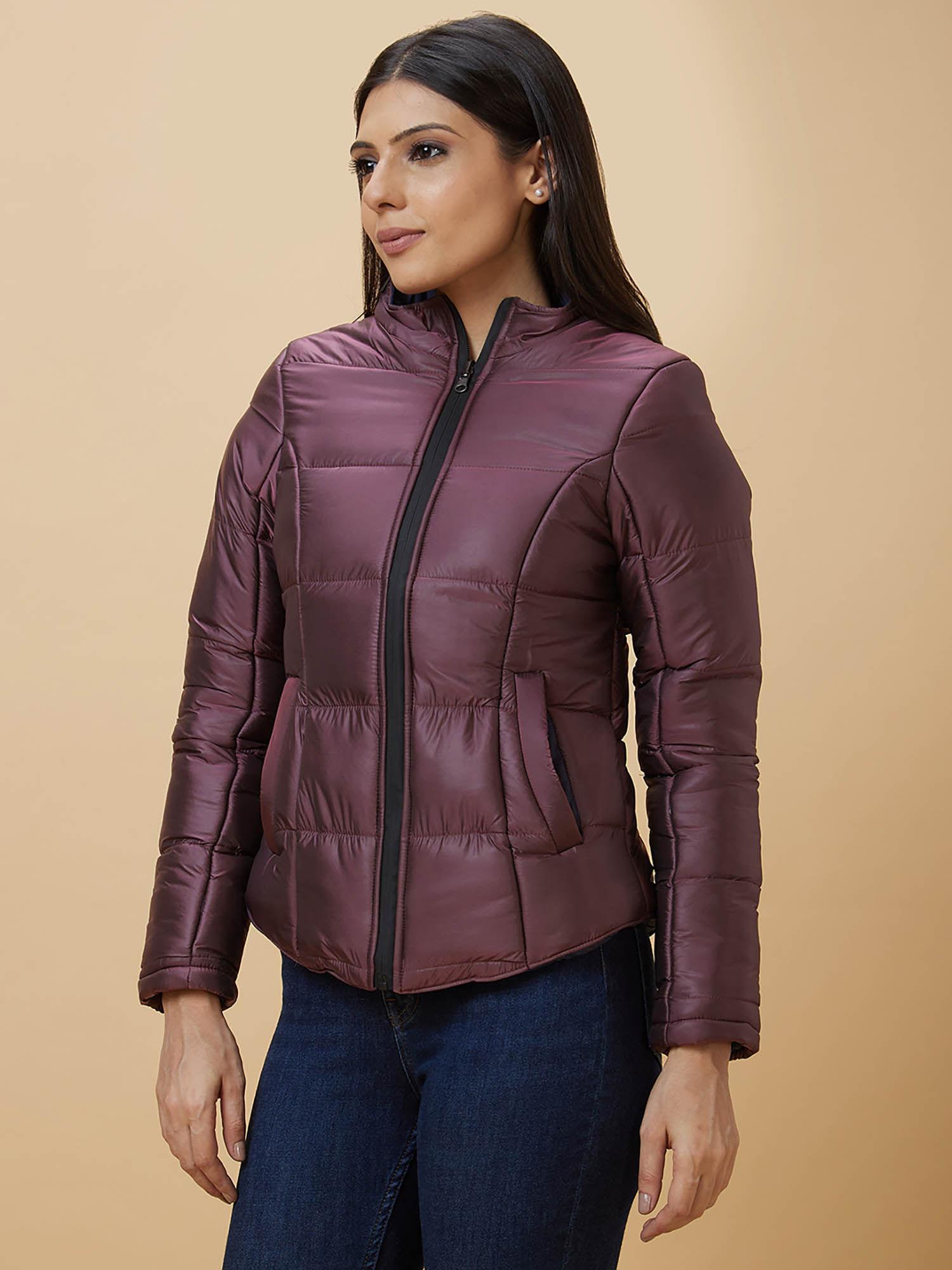 women wine reversible solid side pockets puffer jacket